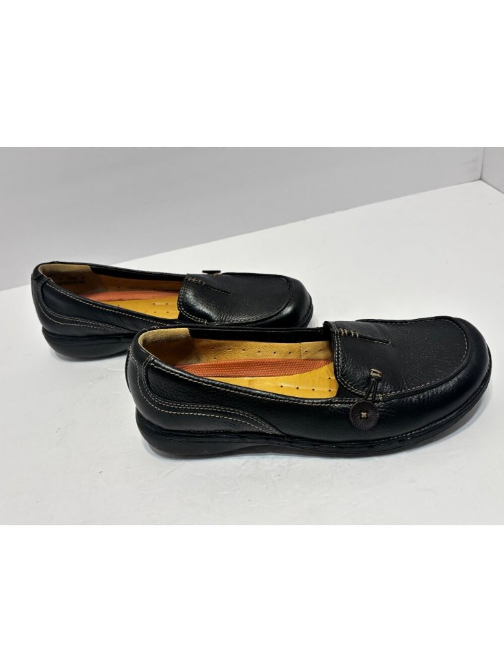 structured CLARKS 87570 Walking Shoes BLACK LEATHER Sz 10M Flats SLIP-ON LOAFERS - Picture 3 of 15